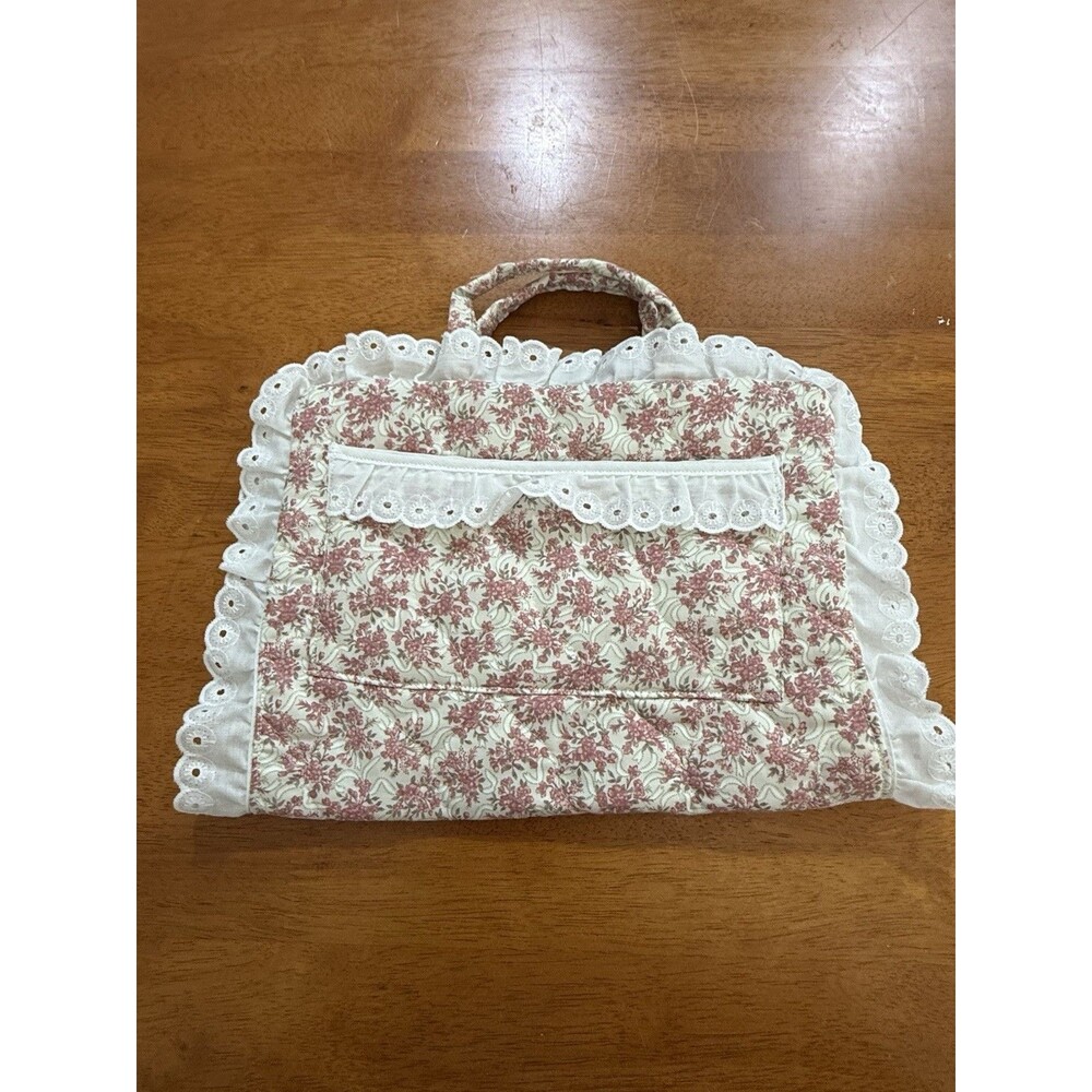 Handmade Cottagecore Quilted Floral Hanging Book Bible Holder Pocket Lace Trim